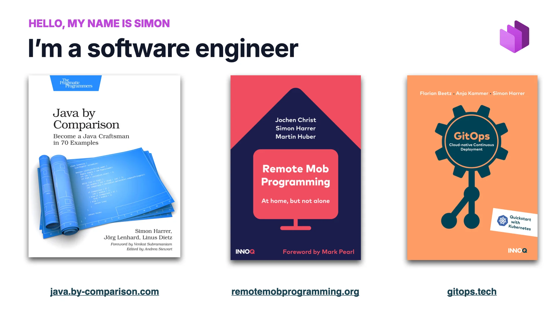 Diapositiva 2: Hola, me llamo Simon, soy ingeniero de software (Java by Comparison, Remote Mob Programming, GitOps)