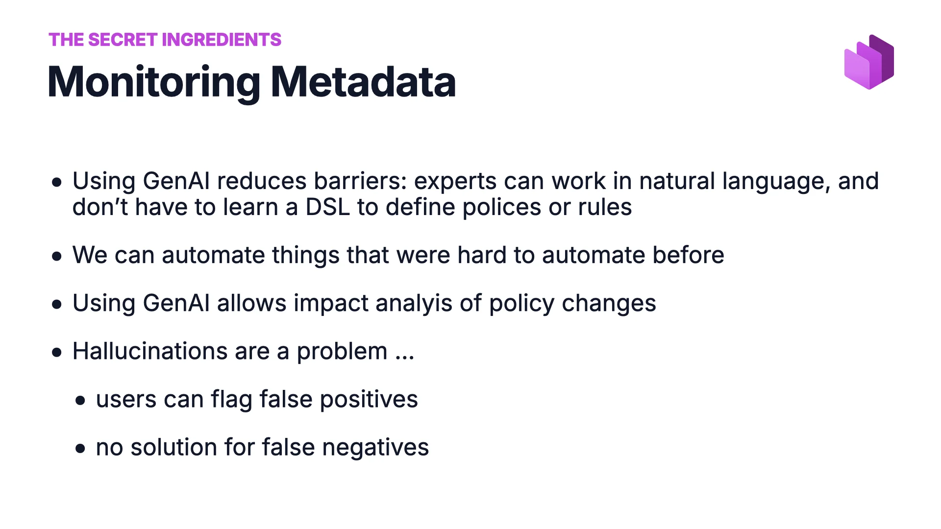 Monitorizar metadatos con IA generativa: reduce barreras, automatiza comprobaciones antes manuales, permite análisis de impacto y gestiona las alucinaciones con feedback de los usuarios
