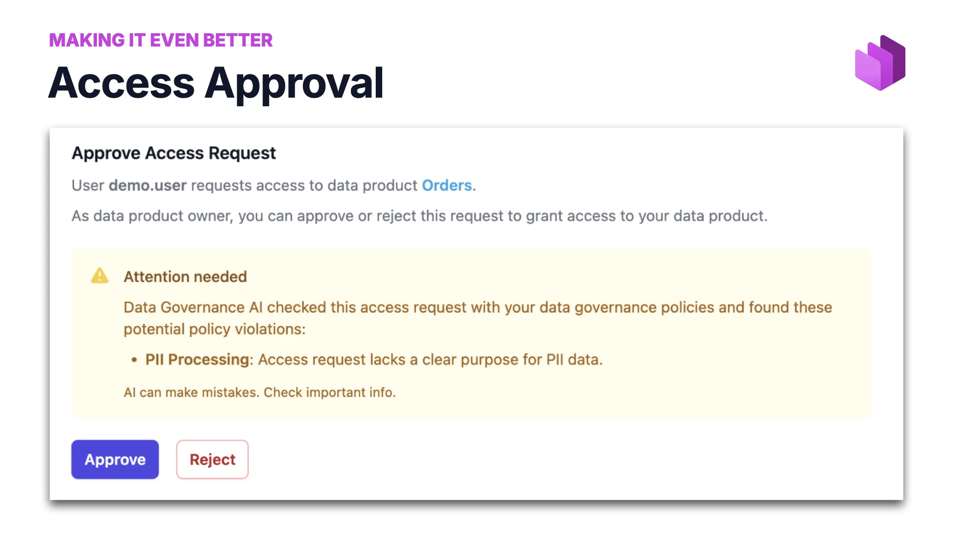 Para mejorarlo todavía más: aprobación de accesos, la Data Governance AI señala un problema de tratamiento de PII en la solicitud de acceso
