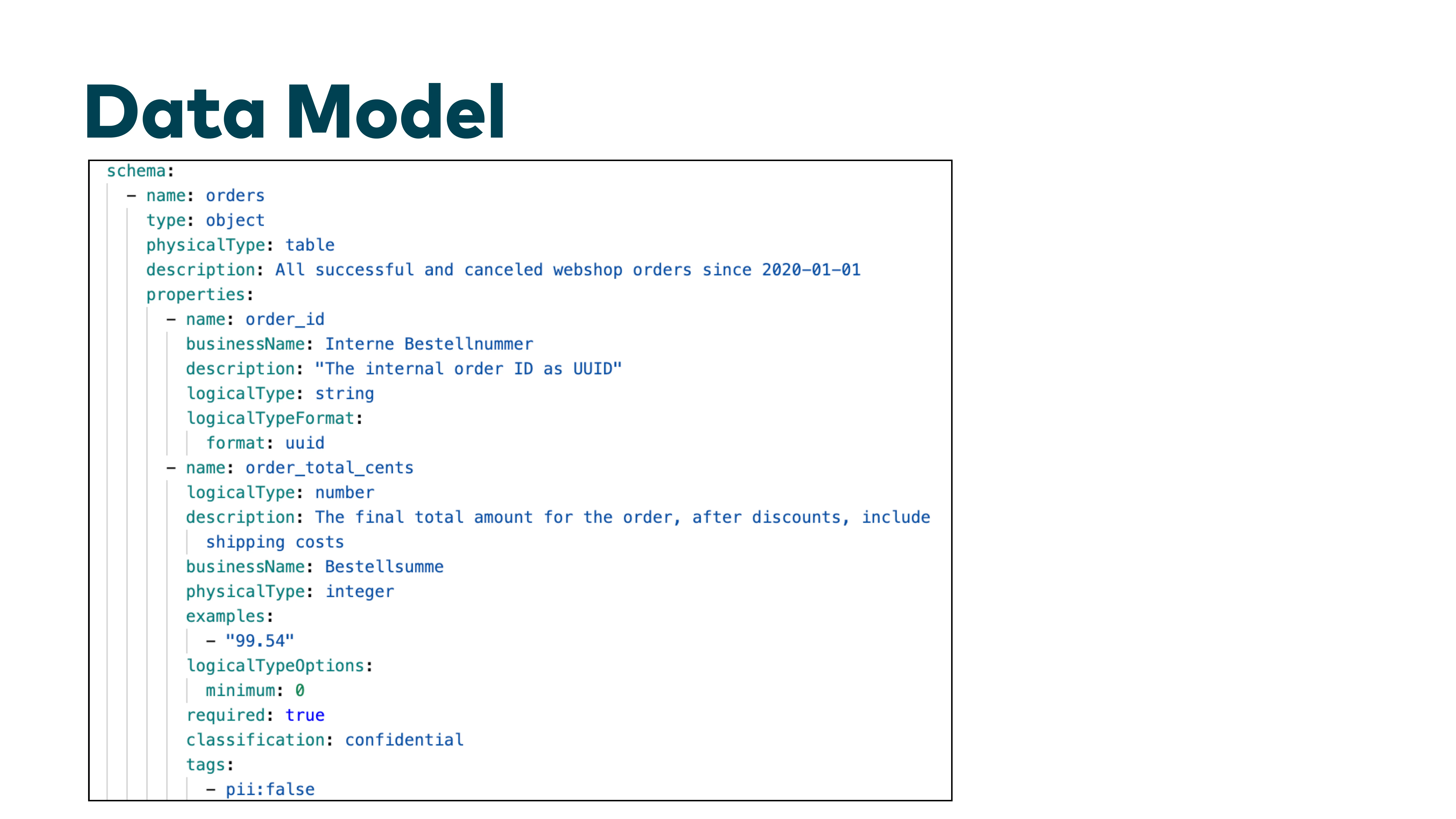 Diapositiva: modelo de datos, esquema YAML con order_id, order_total_cents y nombres de negocio