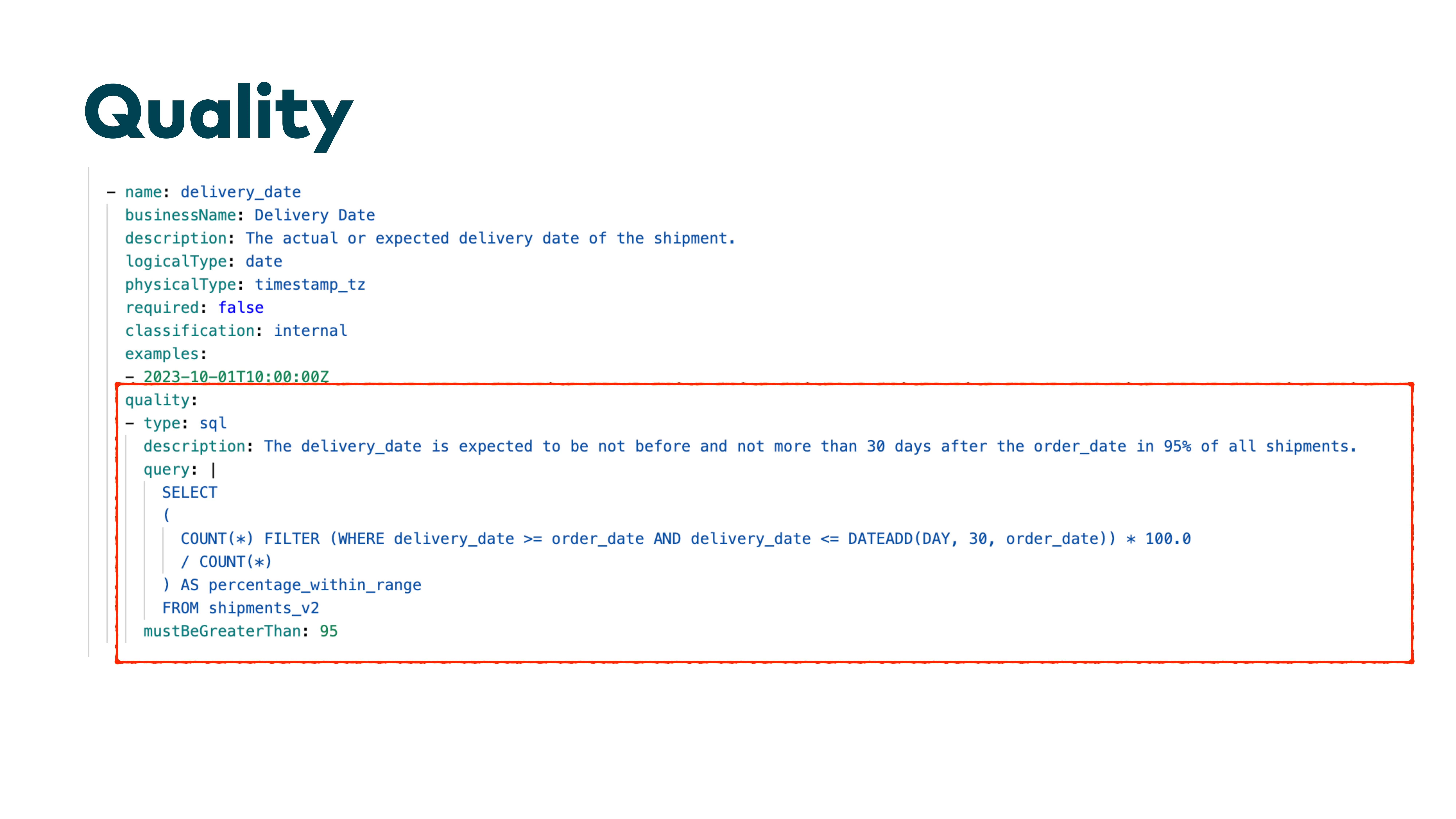 Diapositiva: calidad, delivery_date con una regla de calidad en SQL