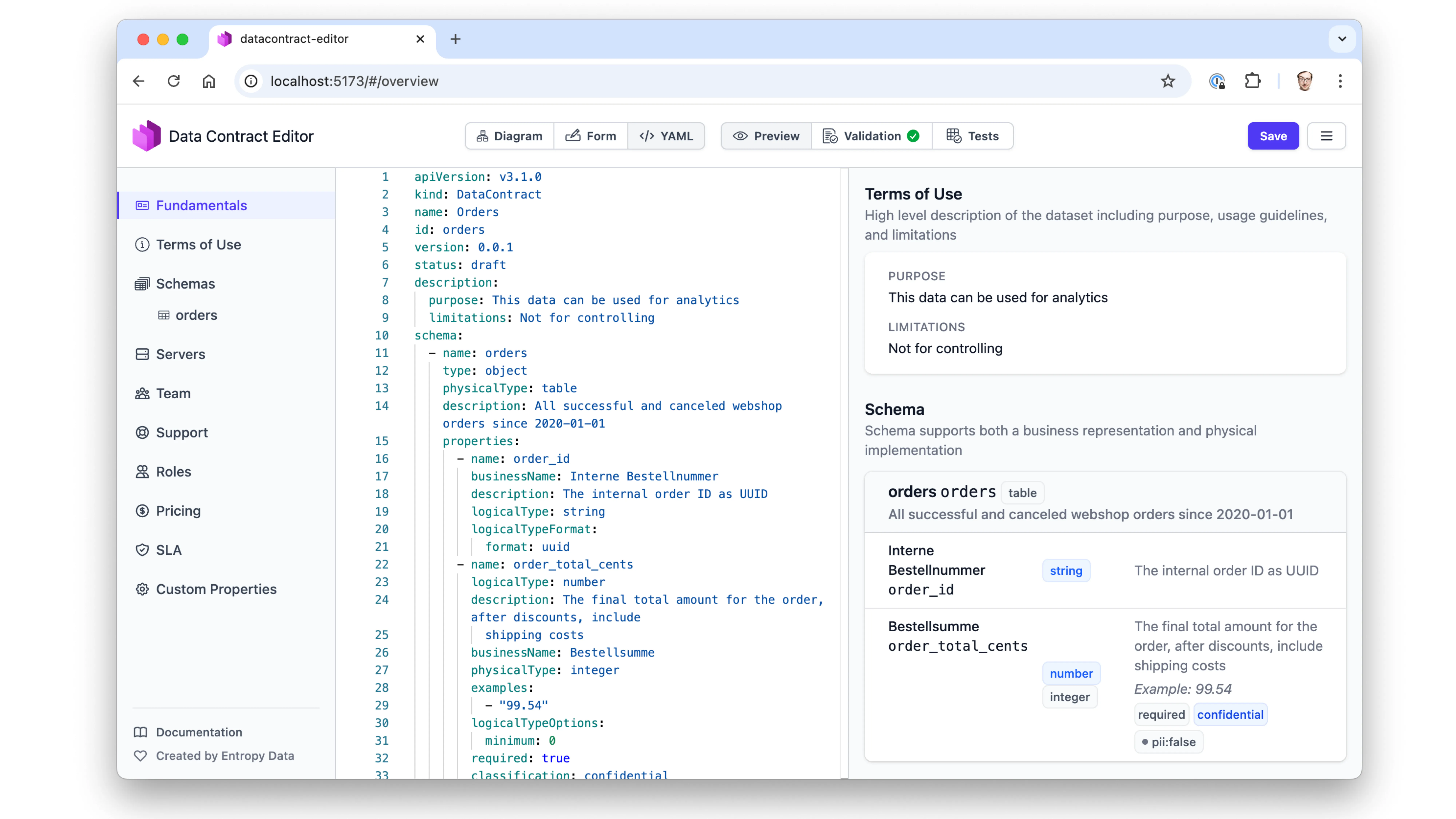 Diapositiva: Data Contract Editor, editor YAML con vista previa visual
