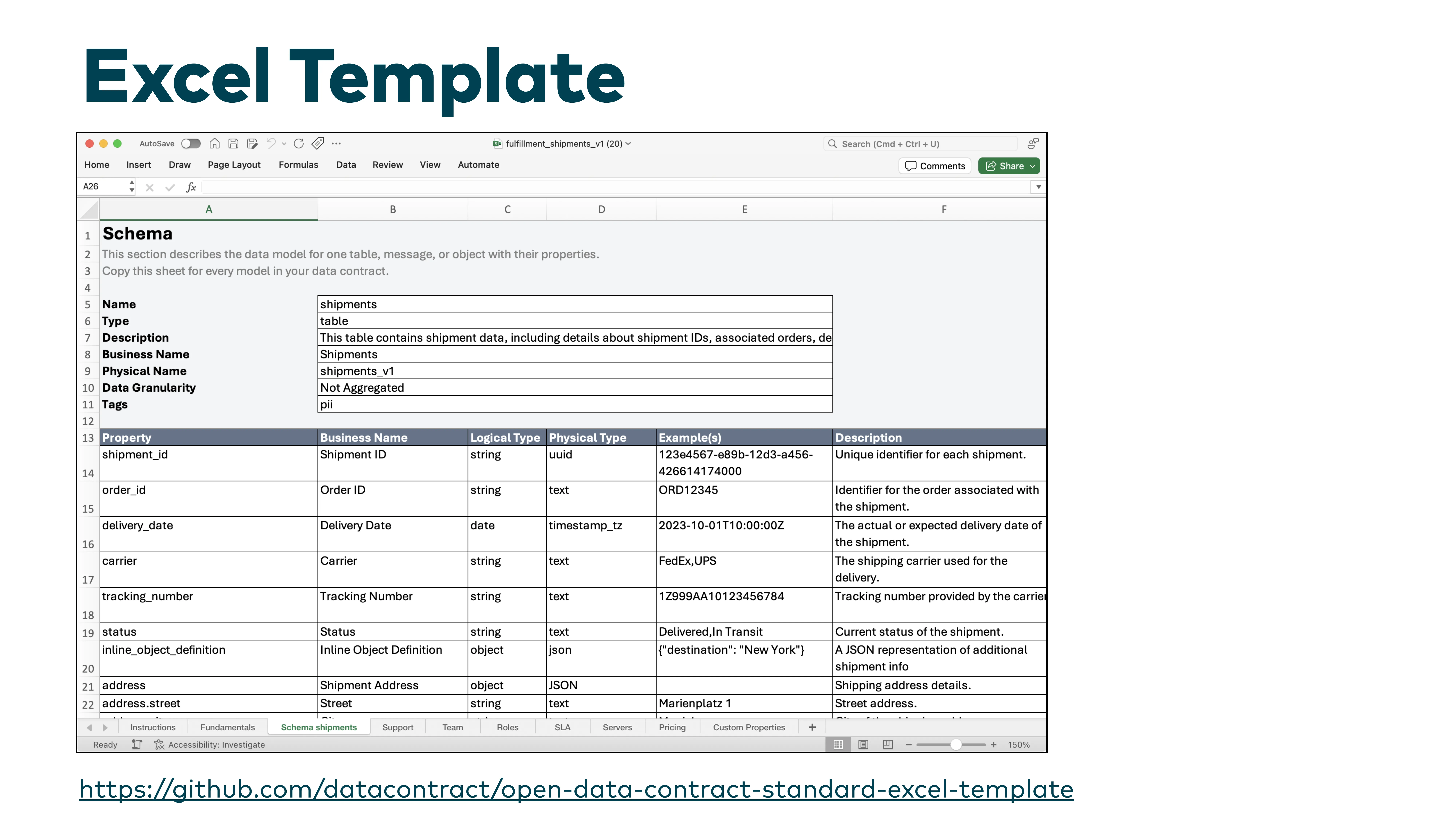 Diapositiva: plantilla de Excel para Data Contracts con hoja de esquema