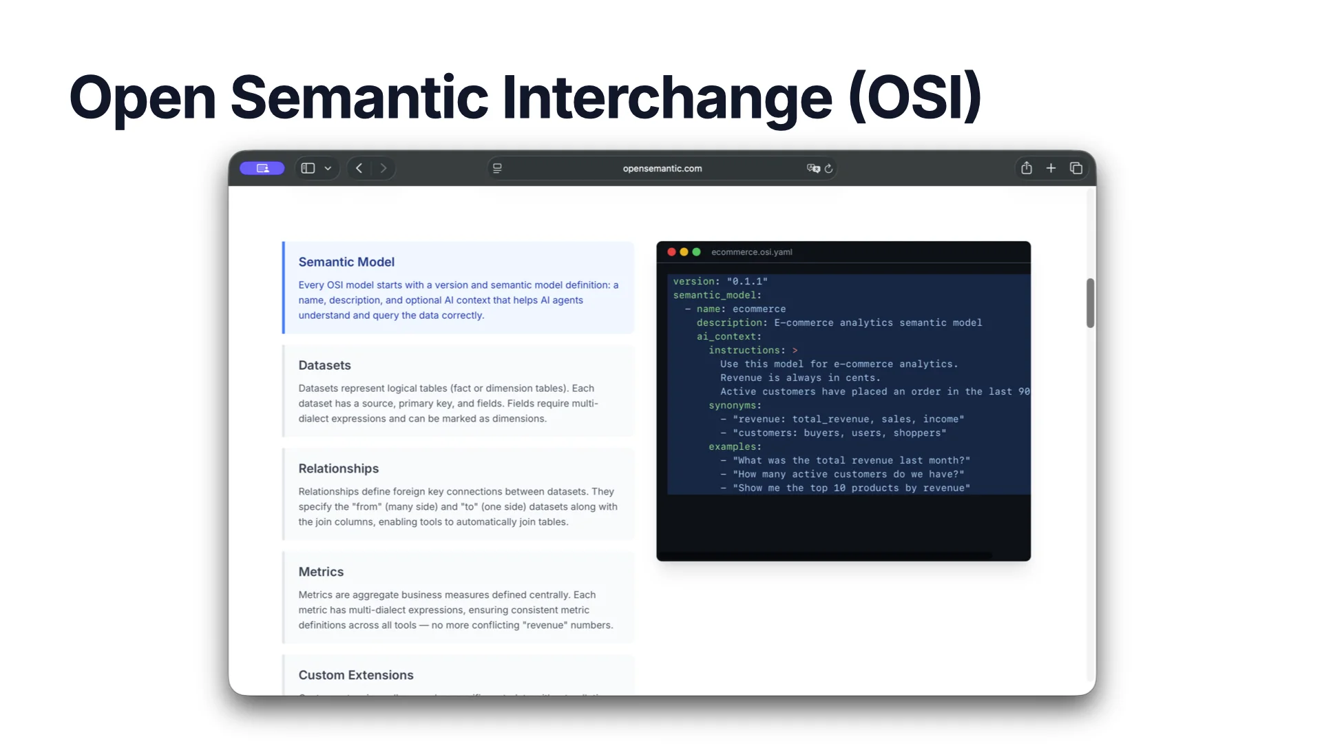 Ejemplo de YAML de un modelo semántico OSI con contexto para IA, sinónimos y ejemplos