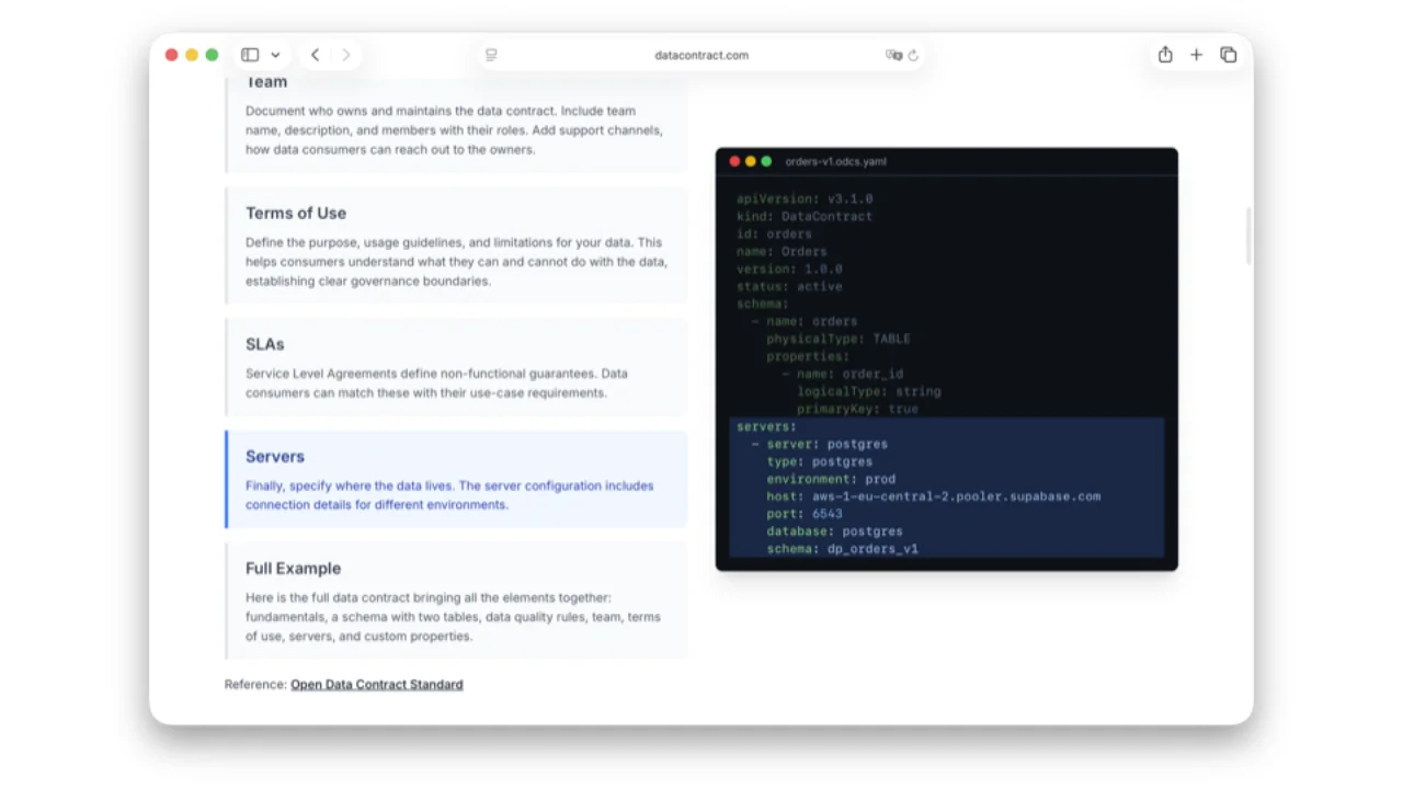 Ejemplo de servidores en ODCS: postgres en Supabase, entorno de producción y esquema dp_orders_v1