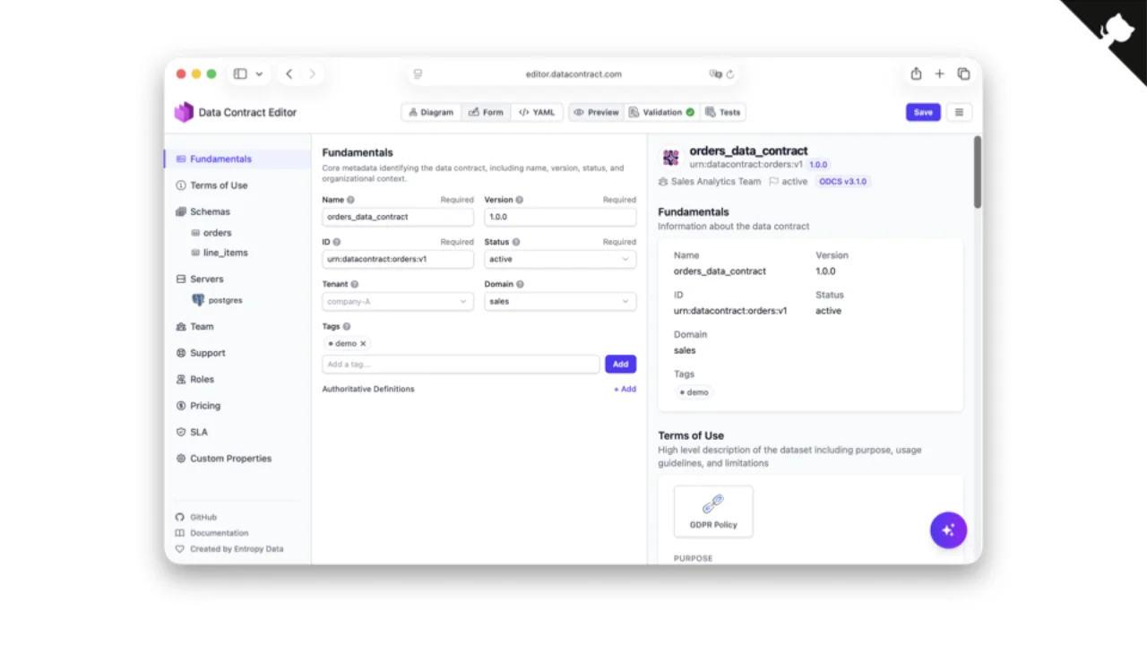 Data Contract Editor: diagrama, formulario, YAML, vista previa, validación y tests