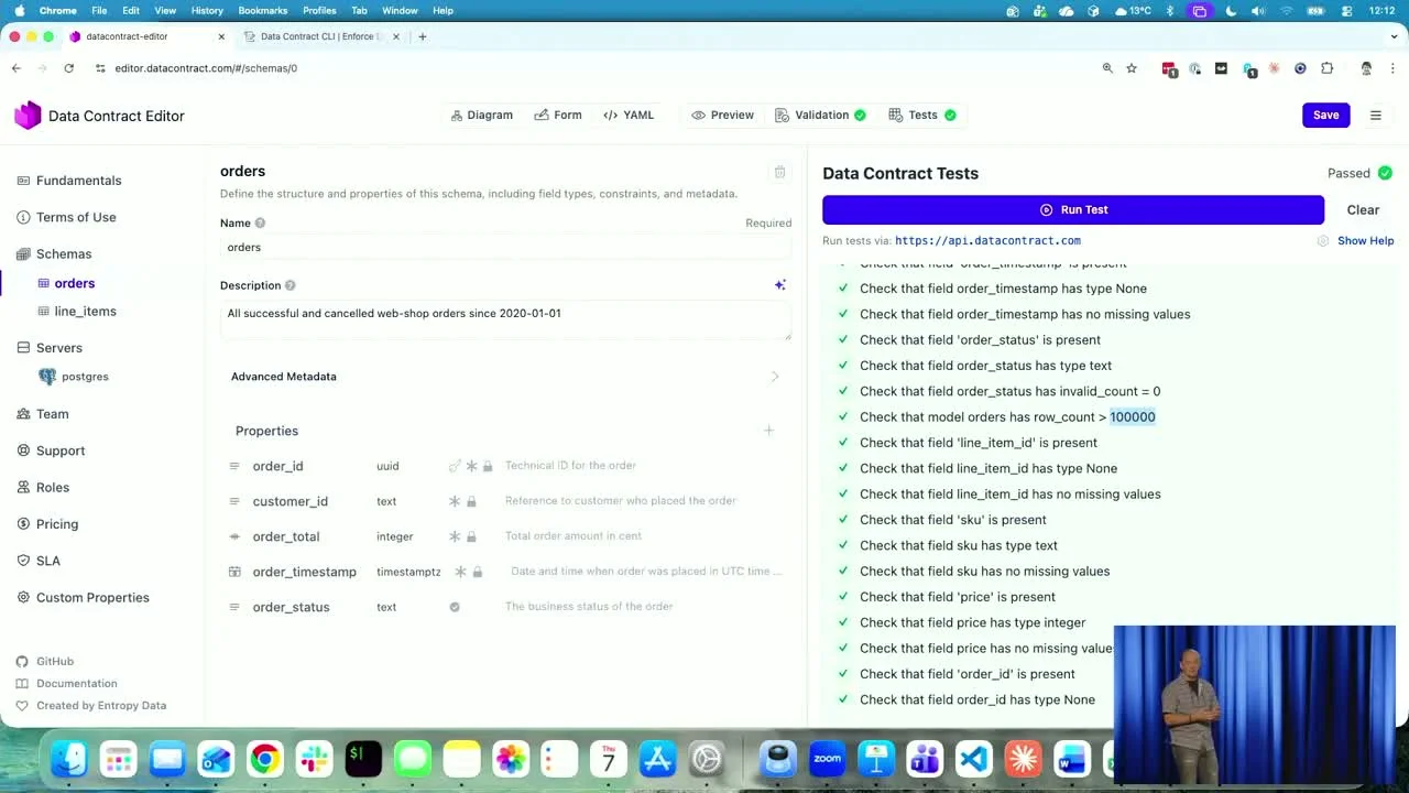 Demo en directo: todos los tests del Data Contract en verde contra el Postgres de Supabase, incluido row_count > 100000