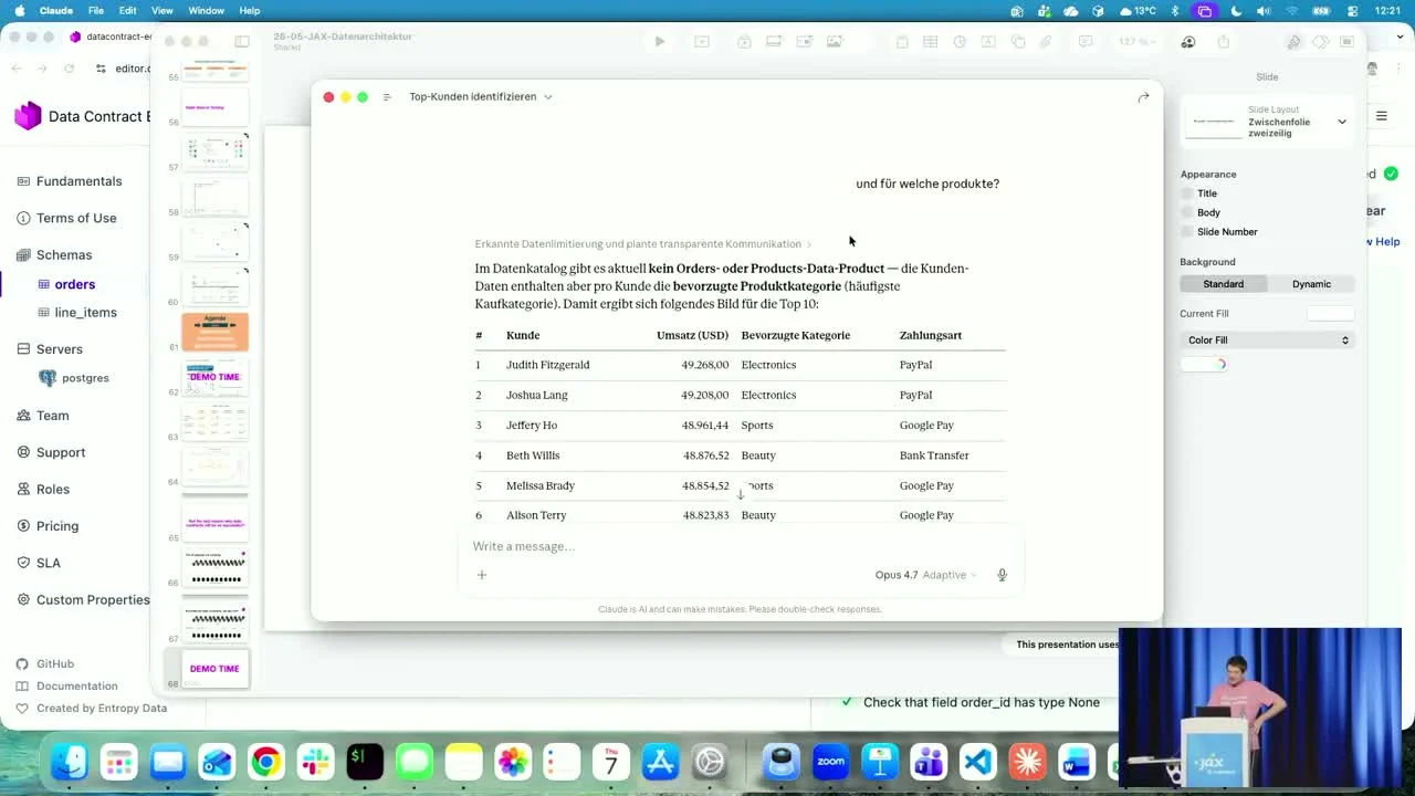 Demo en directo: el agente devuelve el top 10 de clientes con facturación, categoría de producto preferida y método de pago, y luego responde a una repregunta