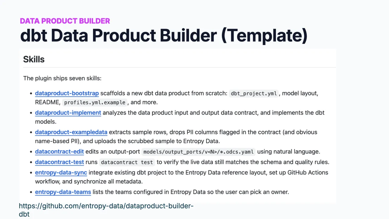 La plantilla dbt Data Product Builder: skills como bootstrap e implement, con plantillas para proyectos dbt
