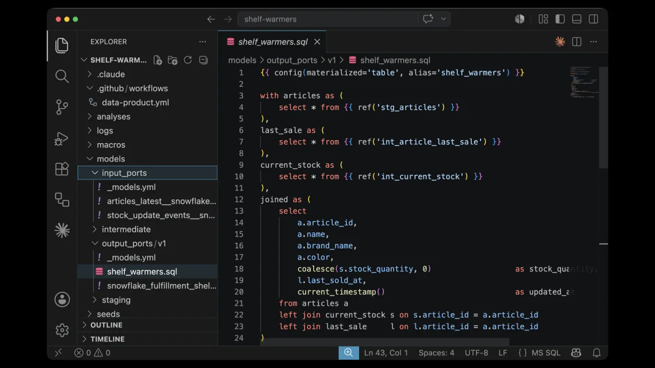 El proyecto dbt generado: shelf_warmers.sql con Input Ports, Output Ports y la transformación que hace el join