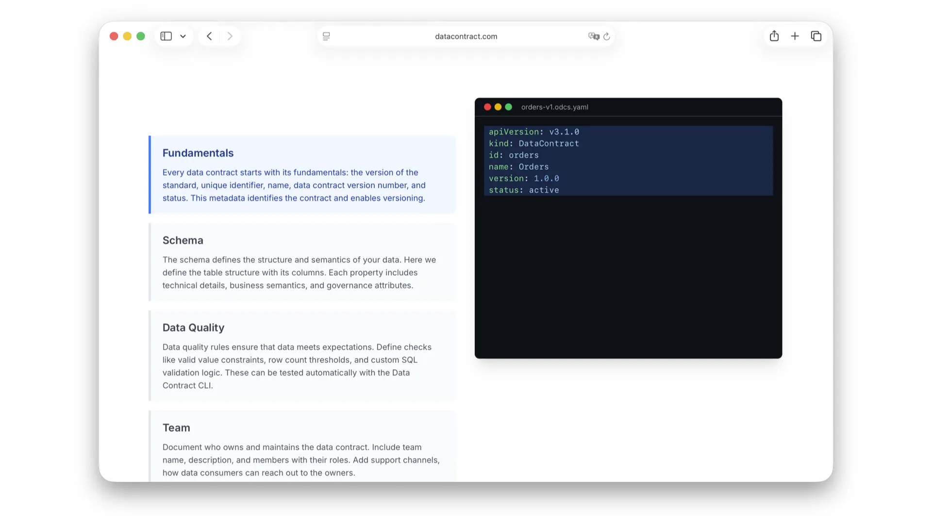 datacontract.com walkthrough: the Fundamentals section of an ODCS YAML with apiVersion, kind, id, name, version, status