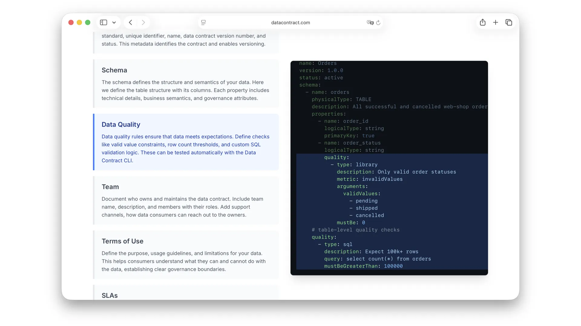 datacontract.com walkthrough: the Data Quality section of an ODCS YAML, with library checks and custom SQL that the Data Contract CLI can run