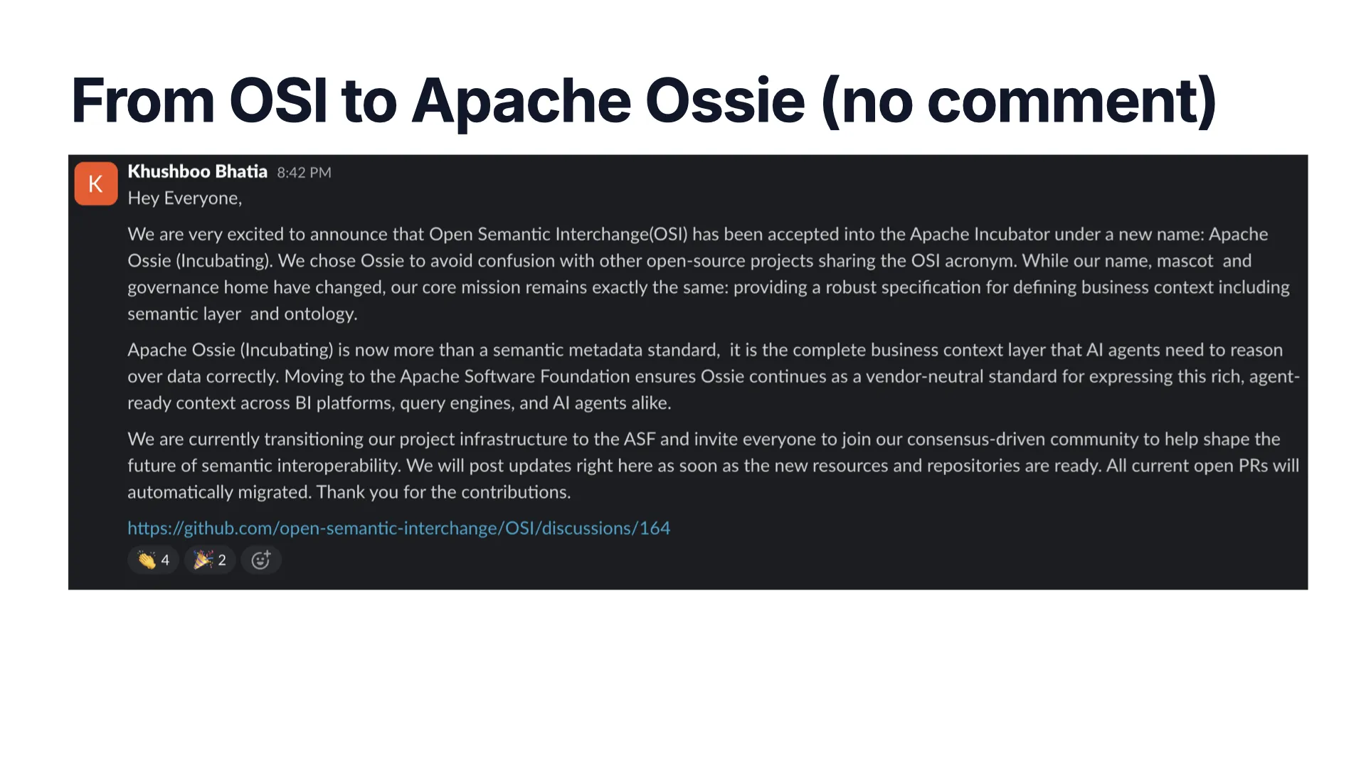 Announcement that Open Semantic Interchange has been accepted into the Apache Incubator under the new name Apache Ossie