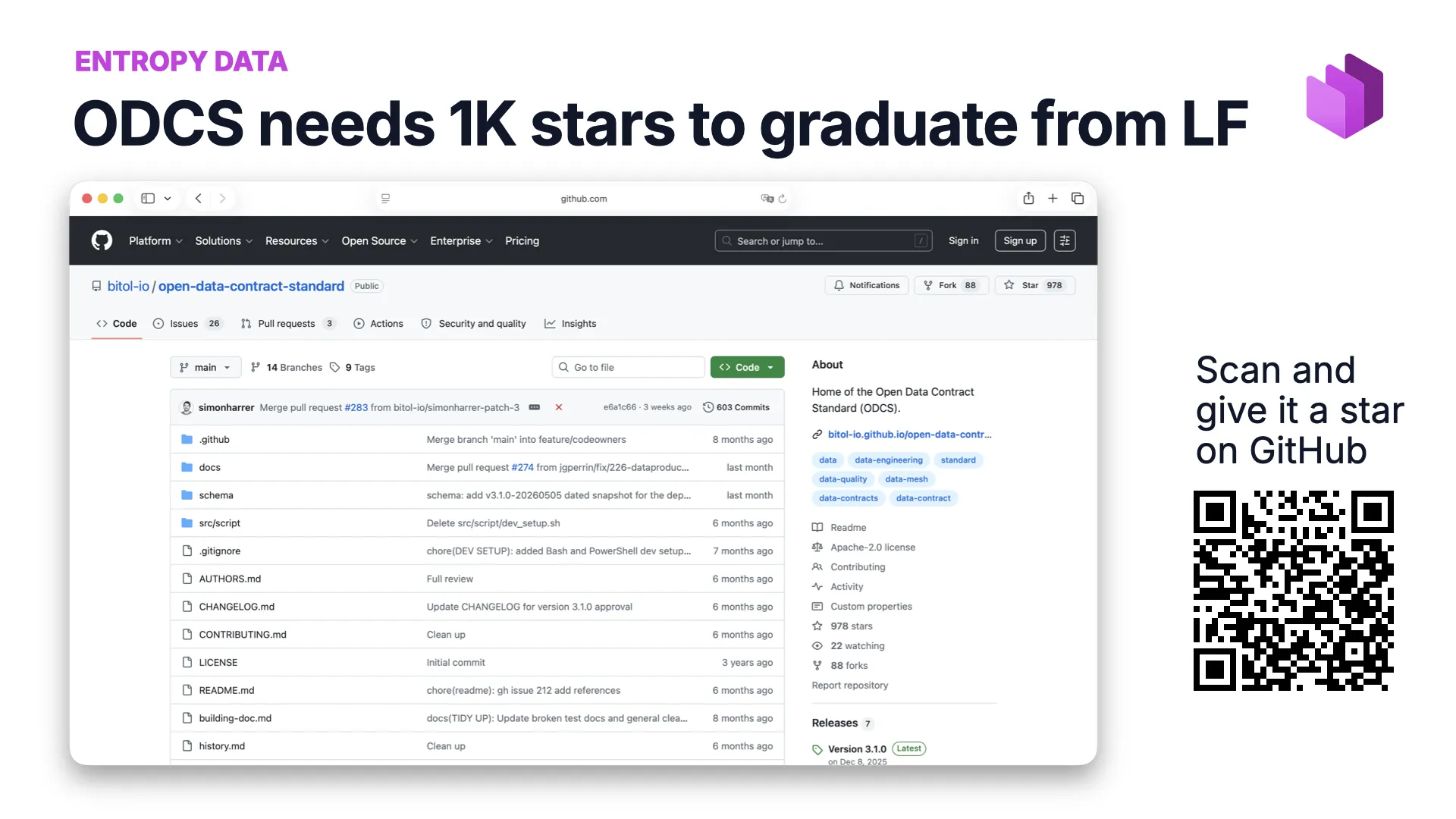 A call to action: ODCS needs 1,000 GitHub stars to graduate from the Linux Foundation, scan the QR code and give it a star
