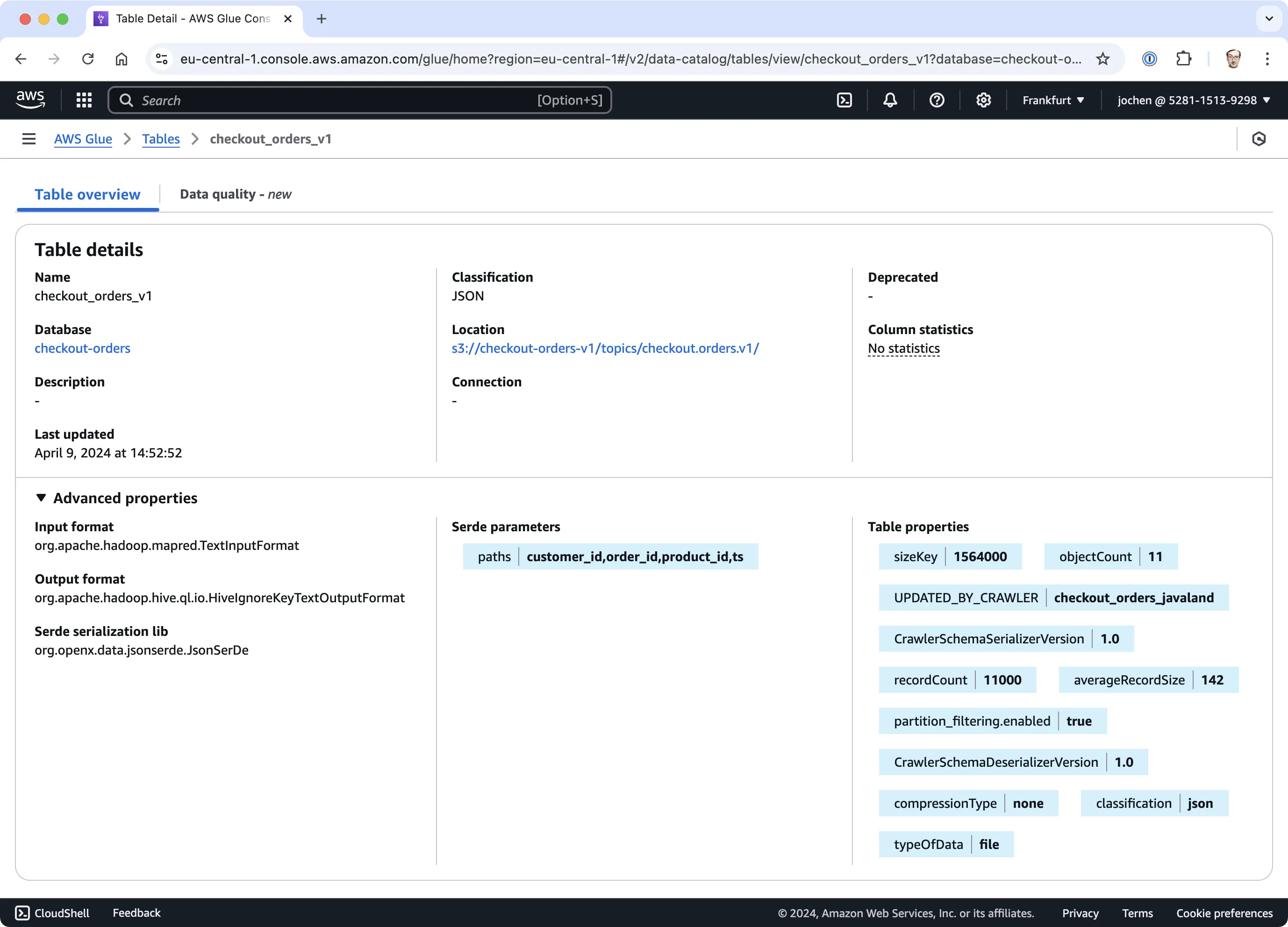 Captura de pantalla del AWS Glue Data Catalog