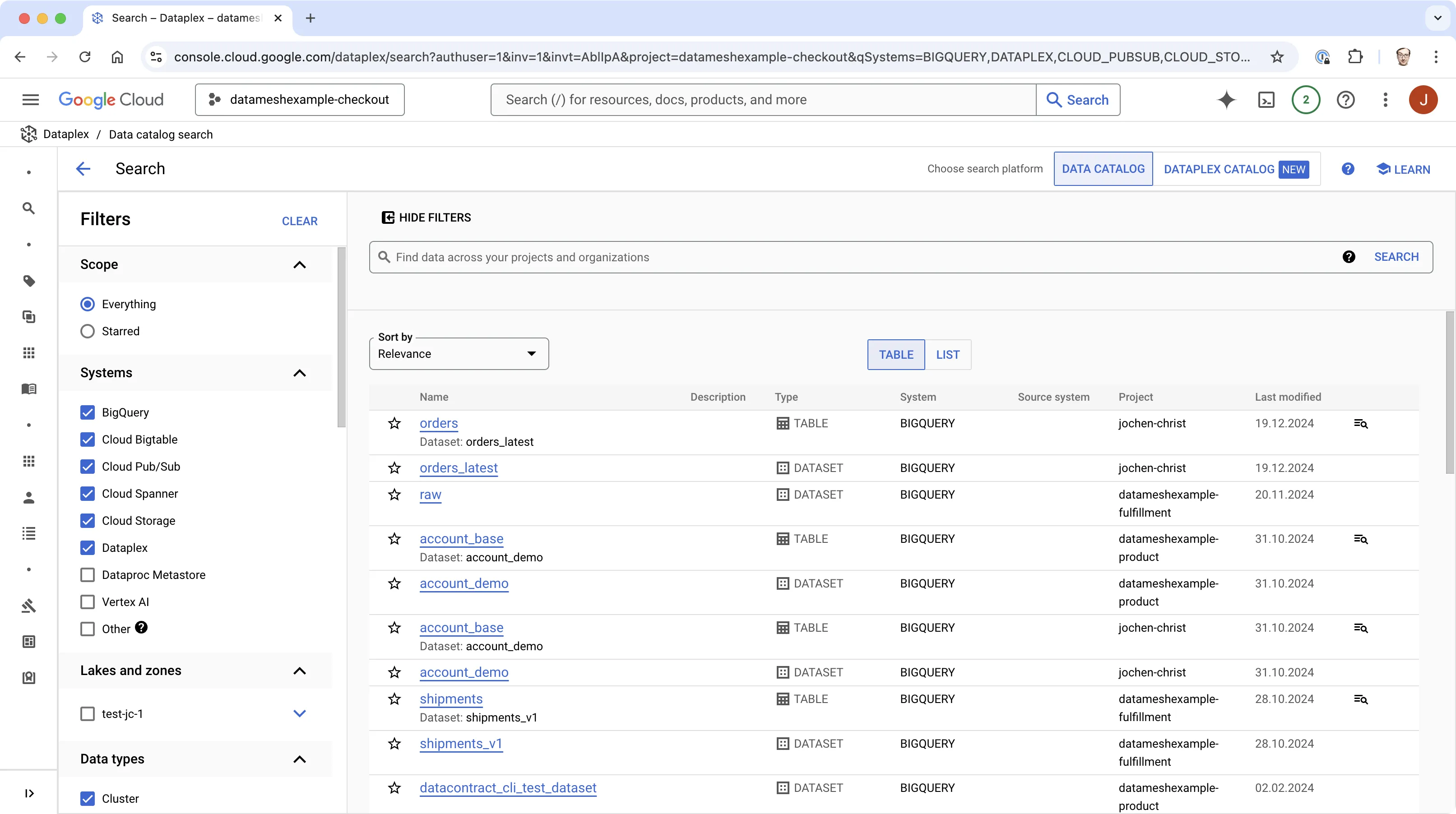 Captura de pantalla del catálogo de datos de Google Dataplex