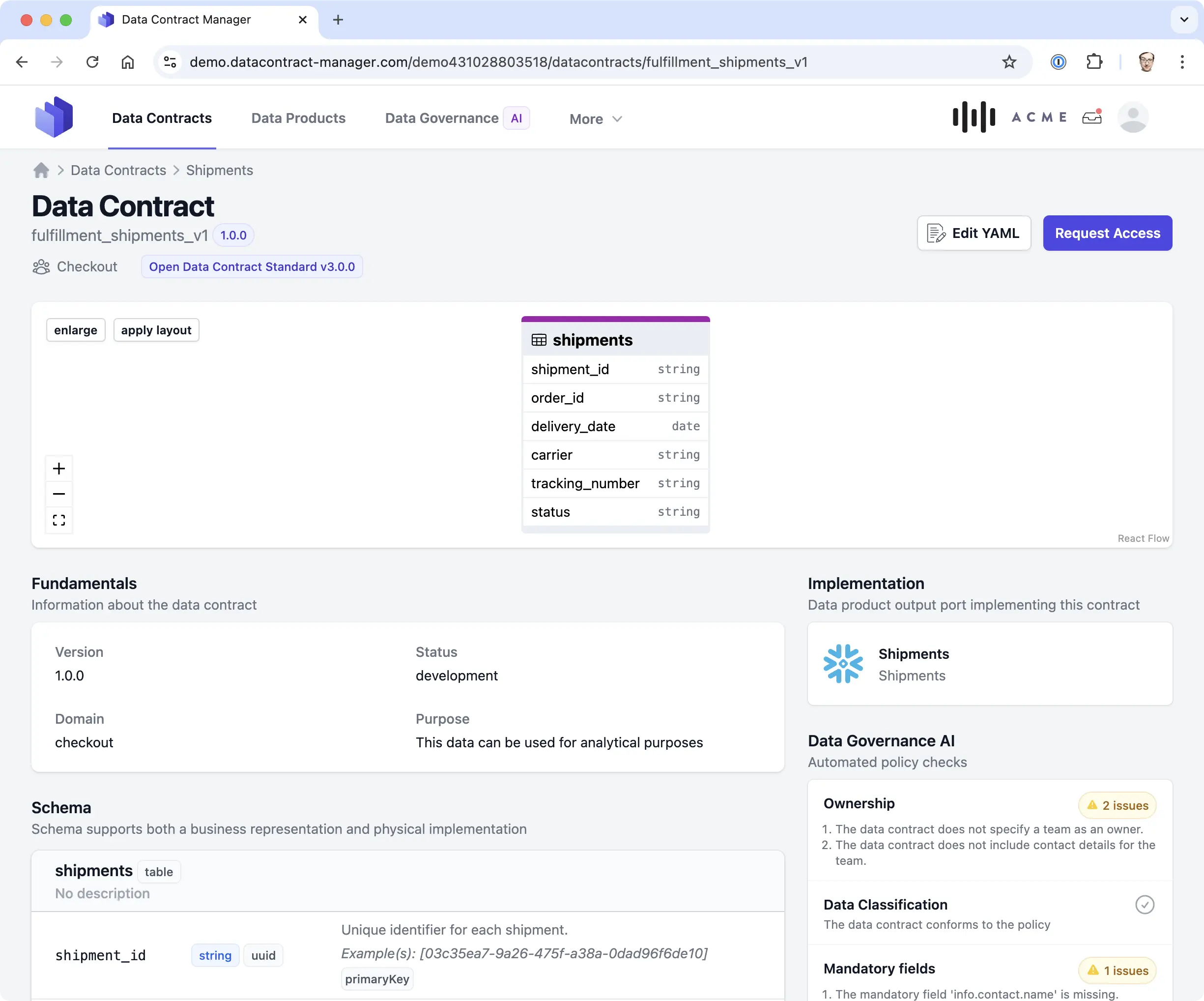 Details of a data contract in Data Contract Manager