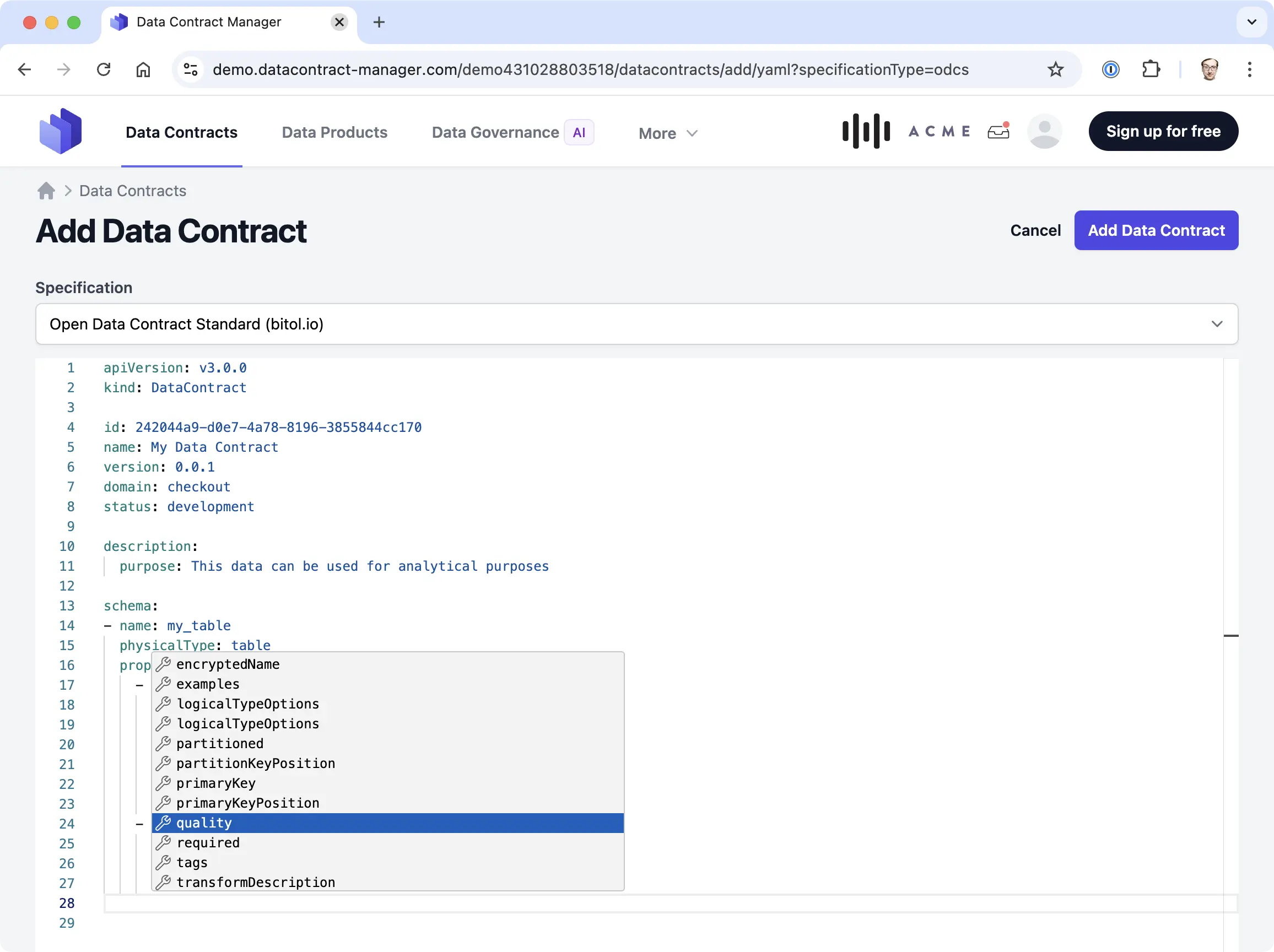 Screenshot of the data contract editor for ODCS in Data Contract Manager