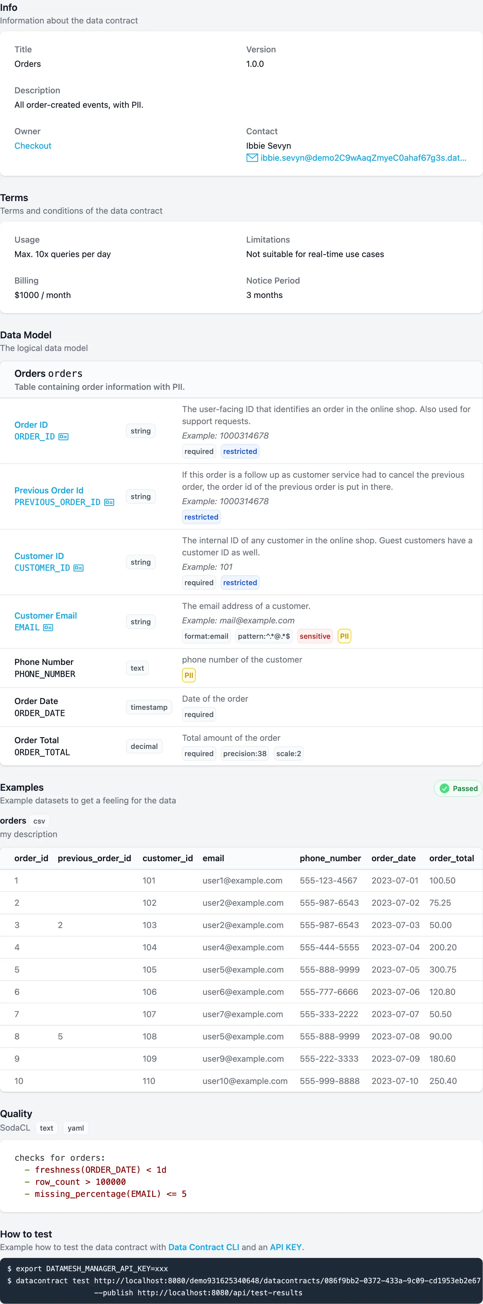 Screenshot of a data contract in Data Mesh Manager