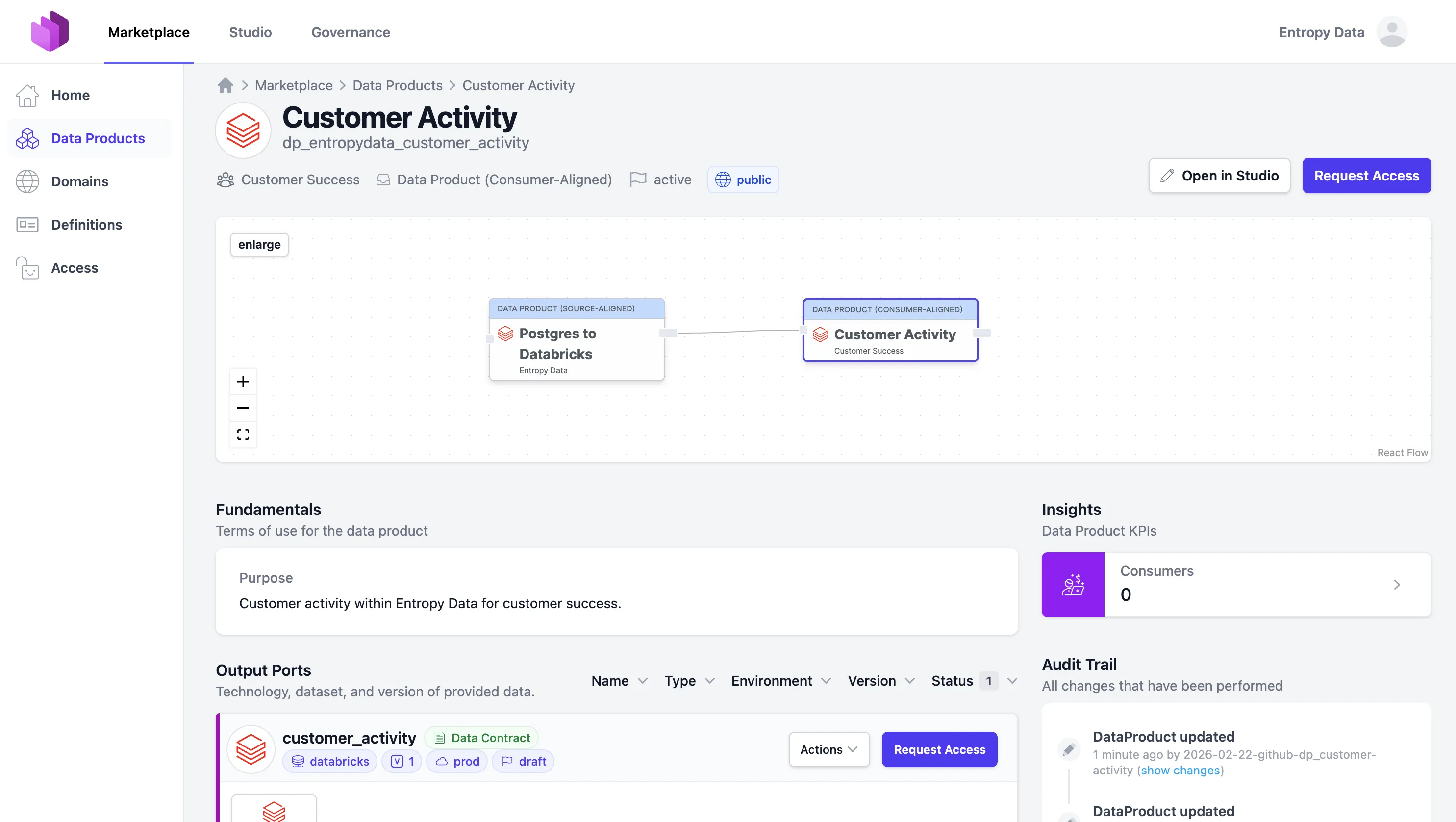 El producto de datos Customer Activity en el marketplace de Entropy Data, con el flujo de datos, los Output Ports, los fundamentos y el registro de auditoría.