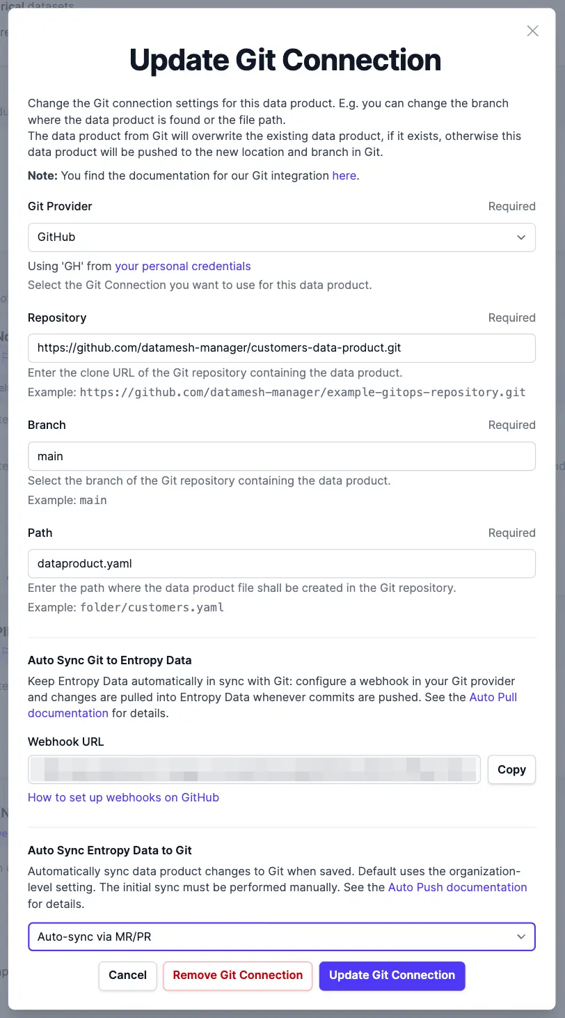 El diálogo de conexión Git con la opción «Auto Sync Entropy Data to Git» establecida en «Auto-sync via MR/PR»