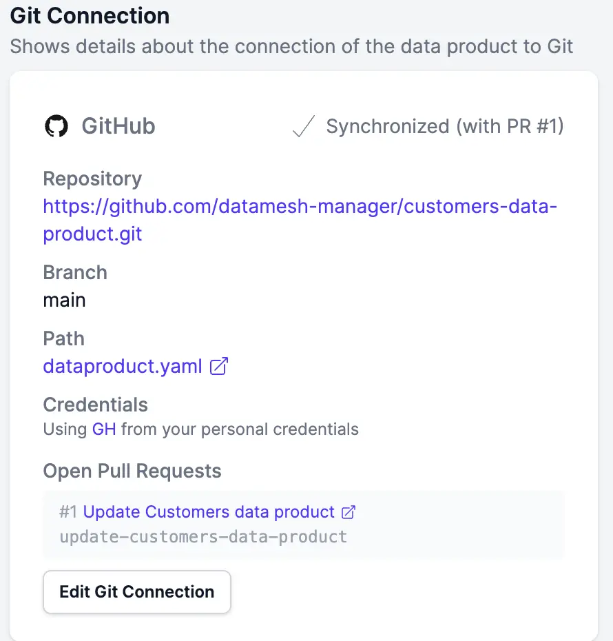 La tarjeta de conexión Git mostrando «Synchronized (with PR #1)» y la pull request abierta con un enlace al proveedor de Git