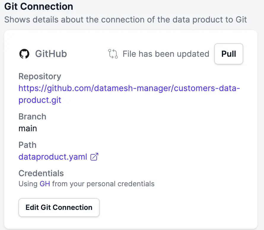 La tarjeta de conexión Git mostrando «File has been updated» y un botón Pull después de que el archivo conectado cambiara en Git