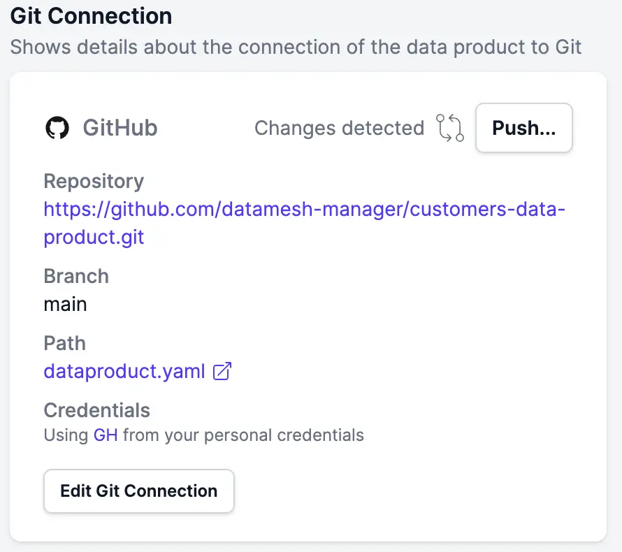 La tarjeta de conexión Git mostrando «Changes detected» y un botón Push