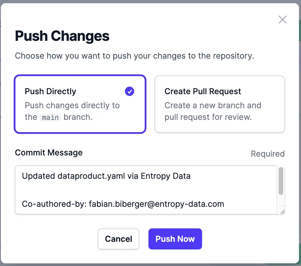 El modal Push Changes con la elección entre Push Directly y Create Pull Request, con Push Directly seleccionado y un mensaje de commit