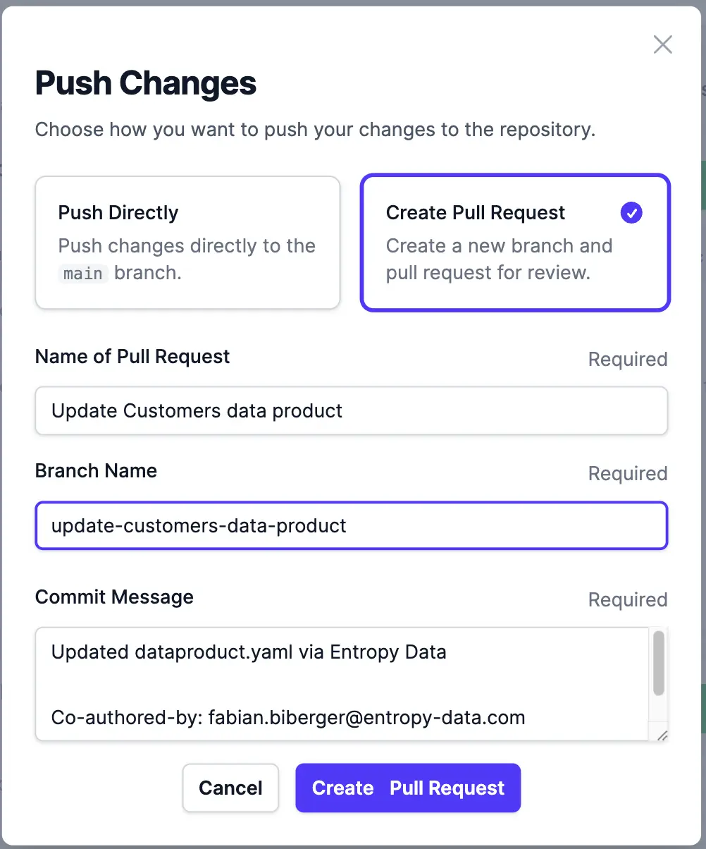 El modal Push Changes con Create Pull Request seleccionado, mostrando los campos para el nombre de la PR, el nombre de la rama y el mensaje de commit