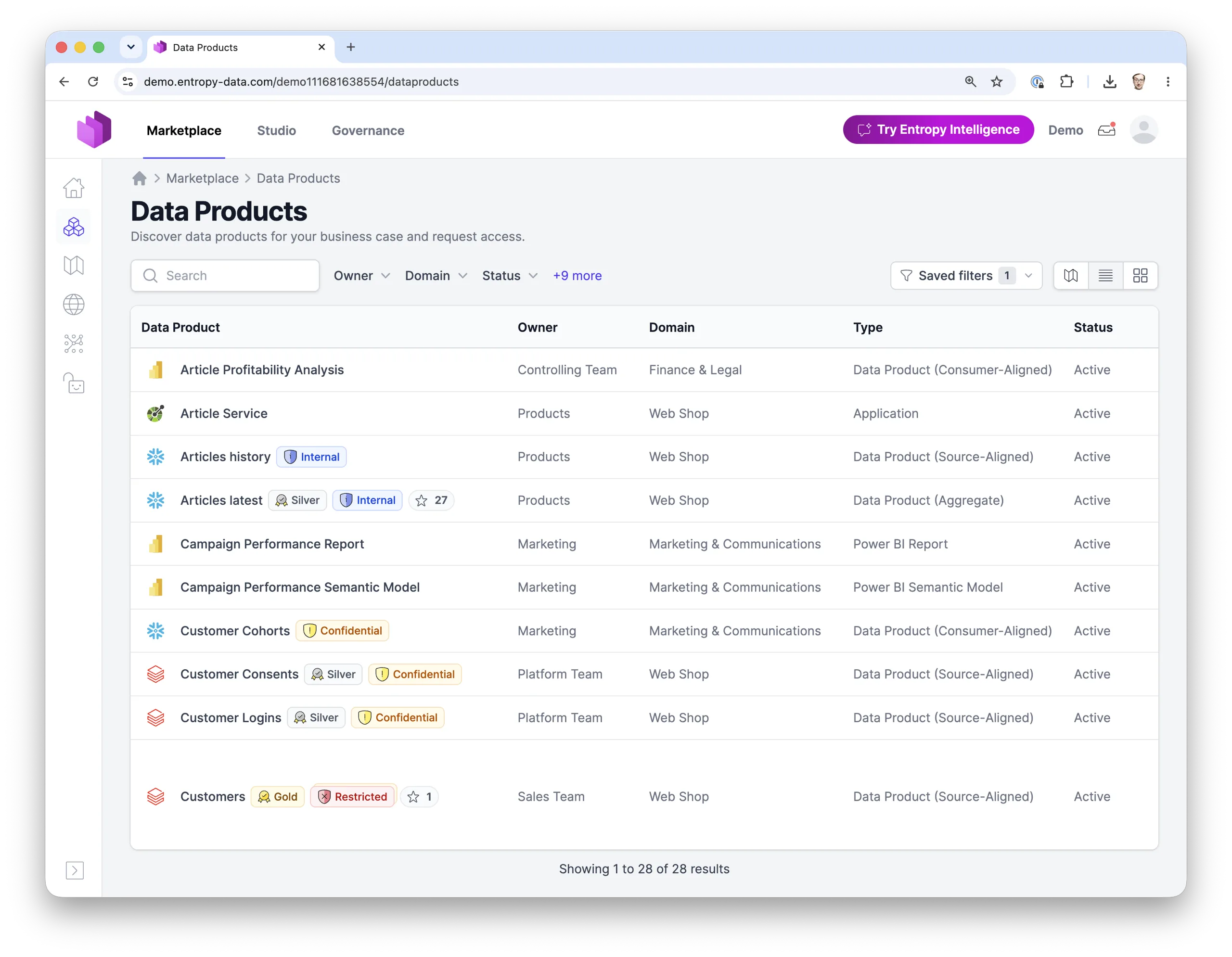 El listado de Data Products en el marketplace de Entropy Data: productos de datos, aplicaciones e informes con propietario, dominio, tipo, estado y etiquetas de nivel de calidad y clasificación de datos.
