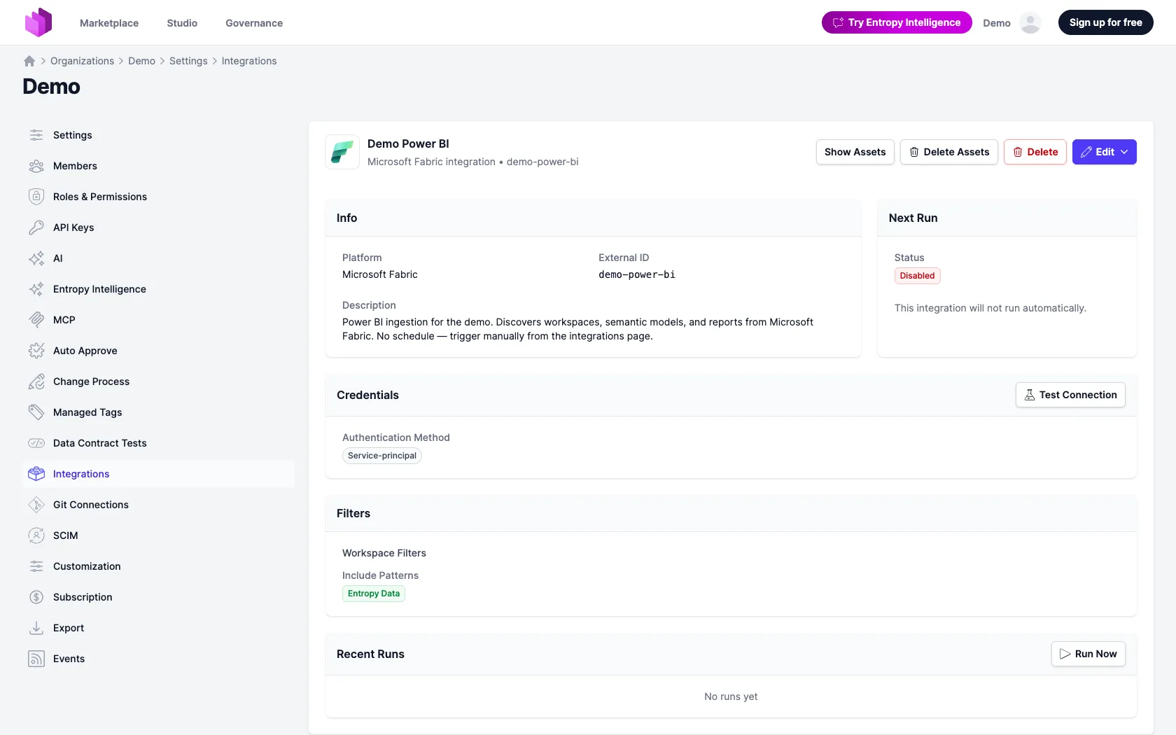 La integración con Microsoft Fabric en Entropy Data, configurada para sincronizar áreas de trabajo de Power BI