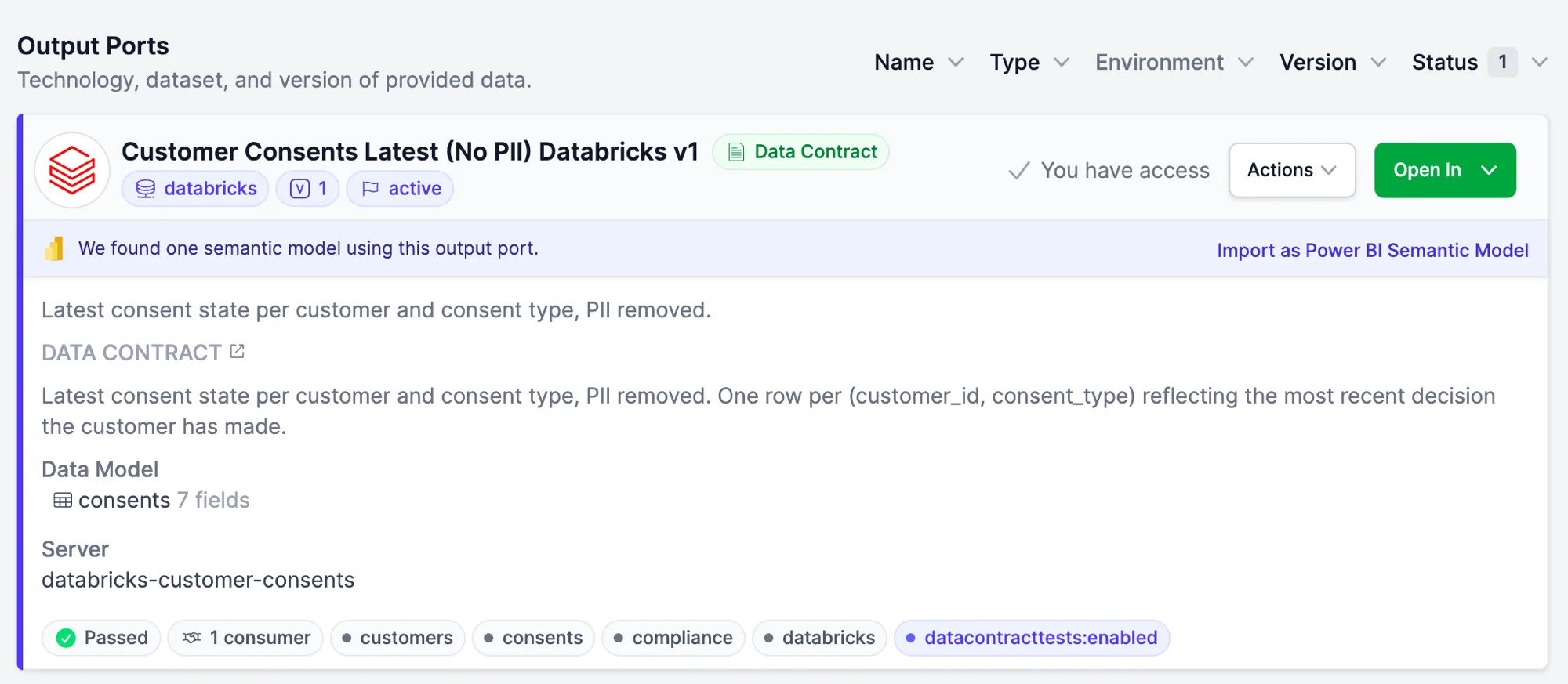 Entropy Data sugiriendo un modelo semántico de Power BI coincidente en el Output Port de un producto de datos