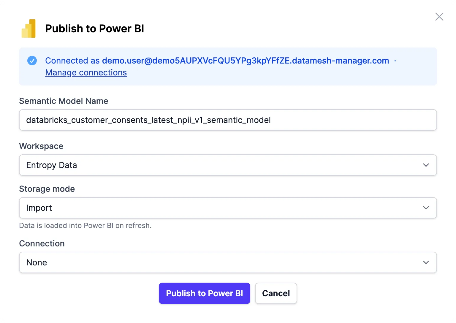 El diálogo Publish to Power BI en Entropy Data, con las opciones de área de trabajo y conexión