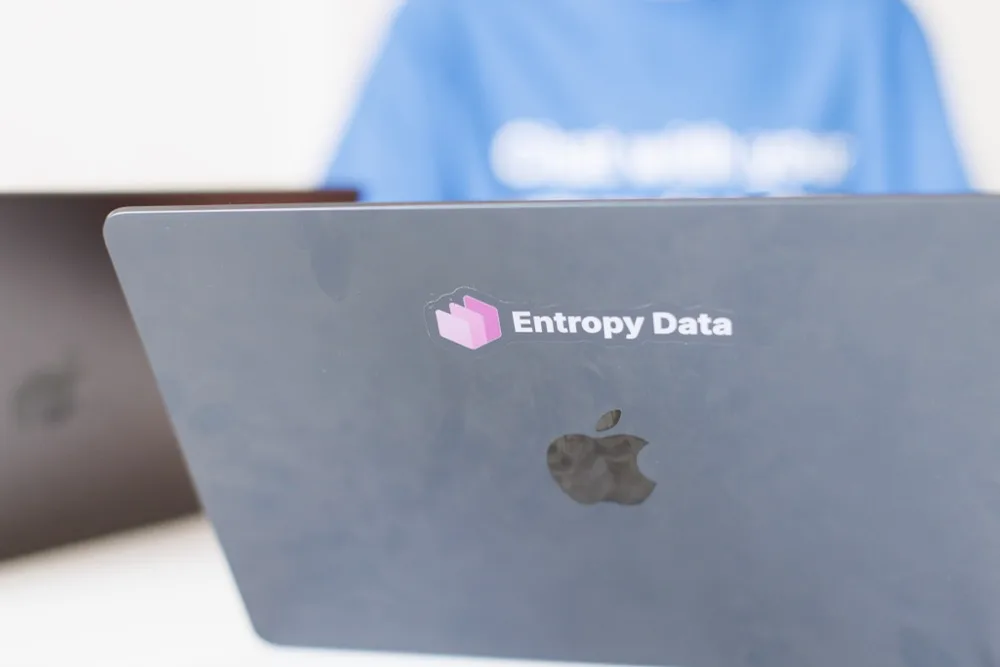 Ein Laptop mit Entropy-Data-Sticker während einer Arbeitssession
